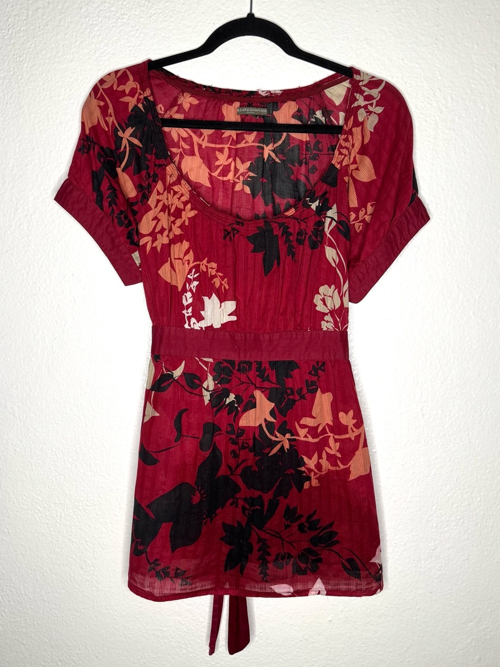 Hillard & Hanson Y2k Red & Black Floral Tie-waist Short-Sleeve Top 100% Cotton M